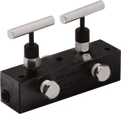 Value Collection - 3/8" Inlet, 3/8" Outlet Manifold with Two Needle Valves - 6" Long x 1-5/8" Wide x 4.13" High, 0.28" Mount Hole, 212°F Max, 10,000 Max PSI, 2 Inlet Ports, 2 Outlet Ports - Americas Industrial Supply