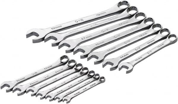 SK - 14 Piece, 6mm to 19mm, 12 Point Combination Wrench Set - Metric Measurement Standard, Full Polish Chrome Finish, Comes in Roll-Up Pouch - Americas Industrial Supply