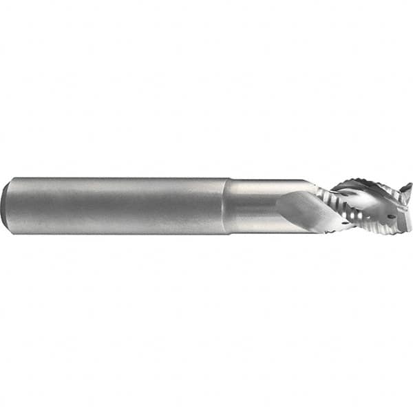 Emuge - 1/4" Diam, Coarse Pitch, 11/32" LOC, 3 Flute Solid Carbide 45° Corner Chamfer Roughing End Mill - Bright Finish, 2-1/4" OAL, 1/4" Shank Diam, Single End, Extended Reach, 40° Helix - Americas Industrial Supply