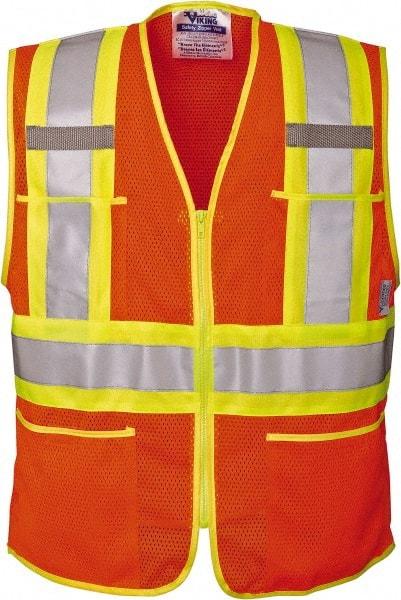 Viking - Size 2XL High Visibility Orange Mesh Public Safety Vest - 51" Chest, ANSI 107-2010 Class 2, Level 2, Zipper Closure, 4 Pockets, Polyester - Americas Industrial Supply