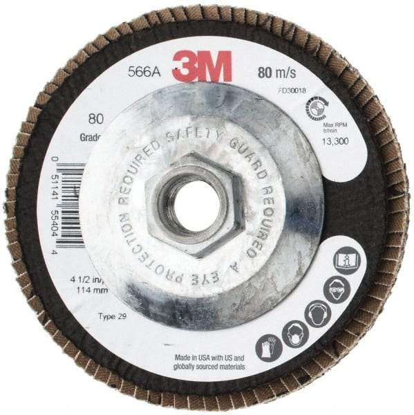 3M - 80 Grit, 4-1/2" Disc Diam, 5/8-11 Center Hole, Type 29 Zirconia Alumina Flap Disc - 13,300 Max RPM, Cloth Backing, Arbor Attaching System, Coated - Americas Industrial Supply