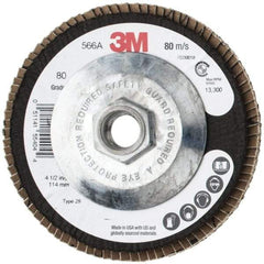 3M - 80 Grit, 4-1/2" Disc Diam, 5/8-11 Center Hole, Type 29 Zirconia Alumina Flap Disc - 13,300 Max RPM, Cloth Backing, Arbor Attaching System, Coated - Americas Industrial Supply