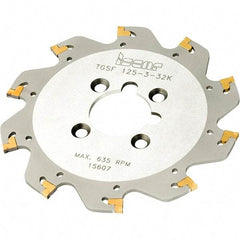 Iscar - Arbor Hole Connection, 0.106" Cutting Width, 0.63" Depth of Cut, 3.15" Cutter Diam, 1" Hole Diam, 10 Tooth Indexable Slotting Cutter - SGSA Toolholder, GSAN 3 Insert, Right Hand Cutting Direction - Americas Industrial Supply