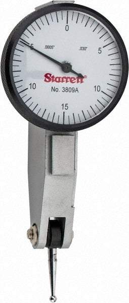 Starrett - 0.03 Inch Range, 0.0005 Inch Dial Graduation, Horizontal Dial Test Indicator - 1-1/4 Inch White Dial, 0-15-0 Dial Reading - Americas Industrial Supply