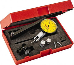 Starrett - 0.2 mm Range, 0.002 mm Dial Graduation, Horizontal Dial Test Indicator - 1-9/16 Inch Yellow Dial, 0-100-0 Dial Reading - Americas Industrial Supply