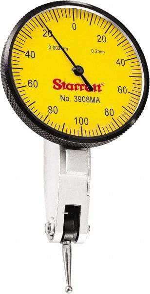 Starrett - 0.2 mm Range, 0.002 mm Dial Graduation, Horizontal Dial Test Indicator - 1-9/16 Inch Yellow Dial, 0-100-0 Dial Reading - Americas Industrial Supply