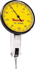 Starrett - 0.2 mm Range, 0.002 mm Dial Graduation, Horizontal Dial Test Indicator - 1-9/16 Inch Yellow Dial, 0-100-0 Dial Reading - Americas Industrial Supply