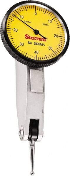 Starrett - 0.8 mm Range, 0.01 mm Dial Graduation, Horizontal Dial Test Indicator - 1-1/4 Inch Yellow Dial, 0-40-0 Dial Reading - Americas Industrial Supply