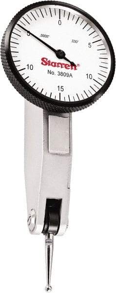 Starrett - 0.03 Inch Range, 0.0005 Inch Dial Graduation, Horizontal Dial Test Indicator - 1-9/16 Inch White Dial, 0-15-0 Dial Reading - Americas Industrial Supply