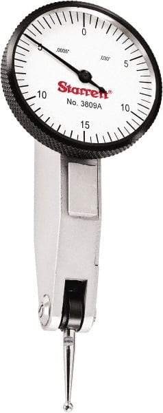 Starrett - 0.03 Inch Range, 0.0005 Inch Dial Graduation, Horizontal Dial Test Indicator - 1-1/4 Inch White Dial, 0-15-0 Dial Reading - Americas Industrial Supply