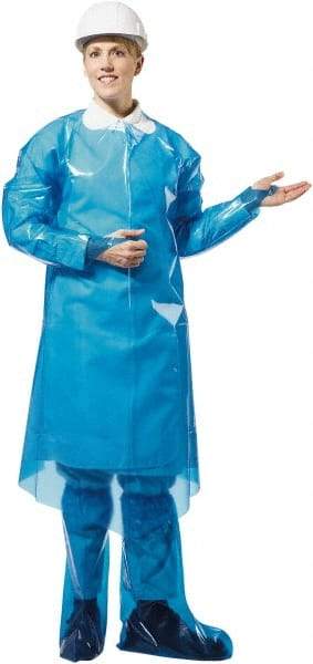 PolyConversions - 4 mil Thick Chemical Resistant Coat Apron - Polyolefin, Blue - Americas Industrial Supply
