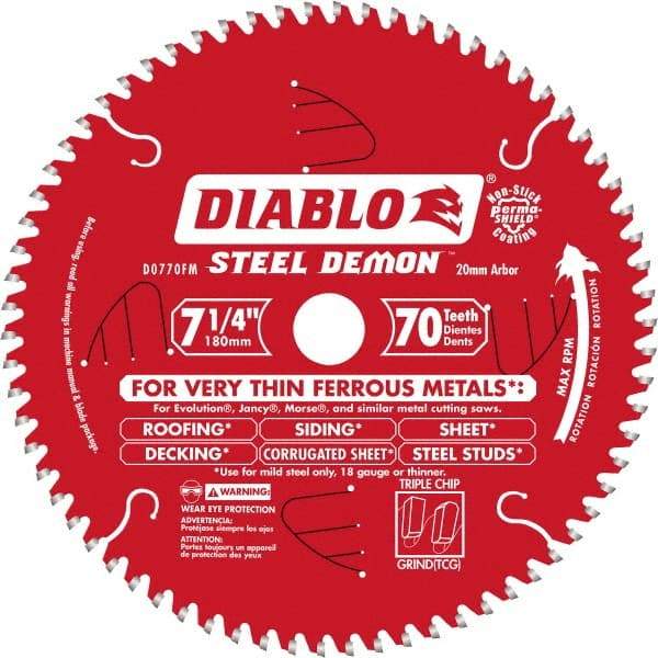 Freud - 7-1/4" Diam, 20mm Arbor Hole Diam, 70 Tooth Wet & Dry Cut Saw Blade - Carbide-Tipped, Burr-Free Action, Standard Round Arbor - Americas Industrial Supply