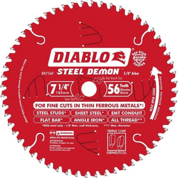Freud - 7-1/4" Diam, 5/8" Arbor Hole Diam, 56 Tooth Wet & Dry Cut Saw Blade - Carbide-Tipped, Burr-Free Action, Standard Round Arbor - Americas Industrial Supply