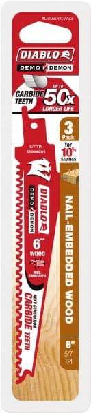 Freud - 6" Long x 1" Thick, Carbide Reciprocating Saw Blade - Tapered Profile, 6 TPI, Toothed Edge, Tang Shank - Americas Industrial Supply