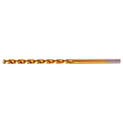 19/64 RHS / RHC HSS-CO 8% (M42) 135 Degree Split Point Q-Cobalt Wide Land Parabolic Taper Length Drill - TiN - Exact Industrial Supply