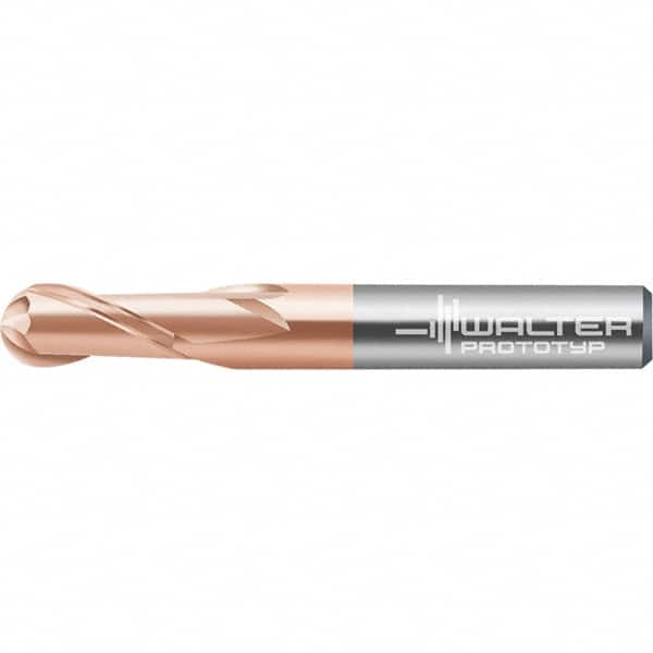 Walter-Prototyp - 8mm Diam, 6.4mm LOC, 4 Flute Solid Carbide Ball End Mill - AlTiN Finish, Single End, 63mm OAL, 8mm Shank Diam, Spiral Flute - Americas Industrial Supply