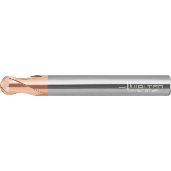 Walter-Prototyp - 8mm Diam, 6.4mm LOC, 2 Flute Solid Carbide Ball End Mill - AlTiN Finish, Single End, 100mm OAL, 8mm Shank Diam, Spiral Flute - Americas Industrial Supply