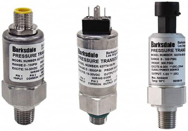 Barksdale - 150 Max psi, ±0.5% Accuracy, 1/4-18 NPT (Male) Connection Pressure Transducer - 4 to 20mA Output Signal, Shielded & Jacketed Cable - 1m Wetted Parts, 1/4" Thread, -40 to 185°F, 28 Volts - Americas Industrial Supply
