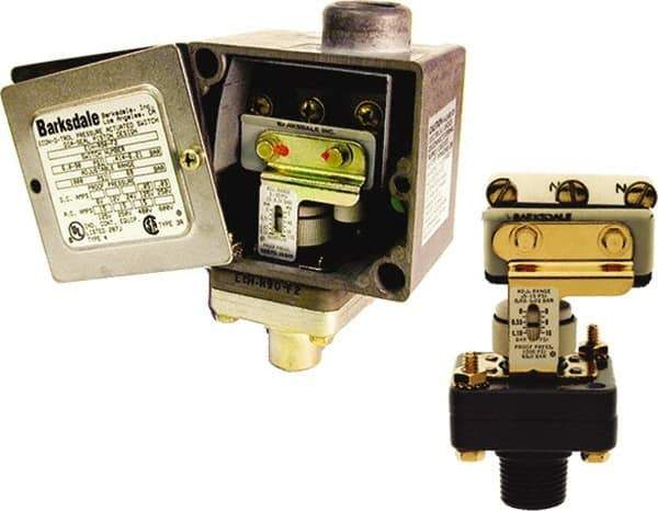 Barksdale - 25 to 500 PSI Adjustable Range, 1,000 Max psi, Diaphragm Piston Pressure Switch - 1/2 NPT Male, Screw Terminals, SPDT Contact, Nickel-Plated Wetted Parts, 2% Repeatability - Americas Industrial Supply