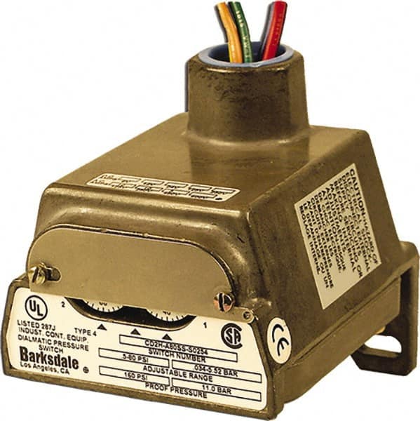 Barksdale - 0.5 to 36 psi Adjustable Range, 83.3 inH2O Max psi, Diaphragm Pressure Switch - 1/4 NPT Female, 18in Free Leads, 2 x SPDT Contact, 304SS Wetted Parts, 0.5% Repeatability - Americas Industrial Supply
