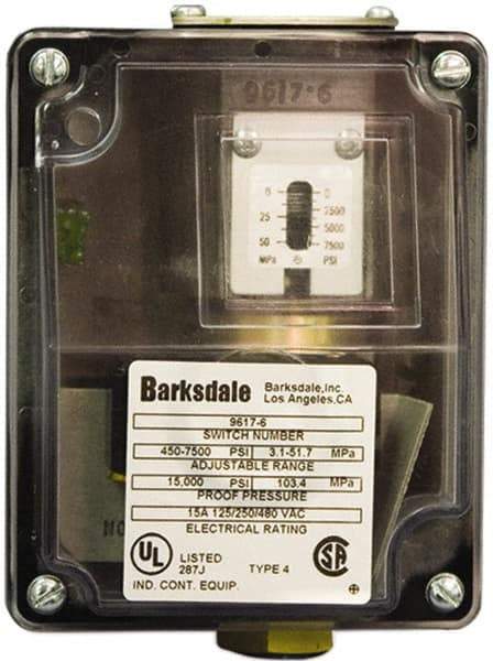 Barksdale - 450 to 7,500 psi Adjustable Range, 15,000 Max psi, Sealed Piston Pressure Switch - 1/4 NPT Female, Screw Terminals, SPDT Contact, 316SS Wetted Parts, 2% Repeatability - Americas Industrial Supply