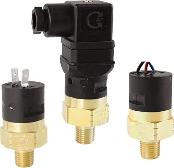 Barksdale - 25 to 150 psi Adjustable Range, 350 Max psi, Compact Pressure Switch - 1/4 NPT Male, DIN 43650A, SPDT Contact, Brass Wetted Parts, 3% Repeatability - Americas Industrial Supply