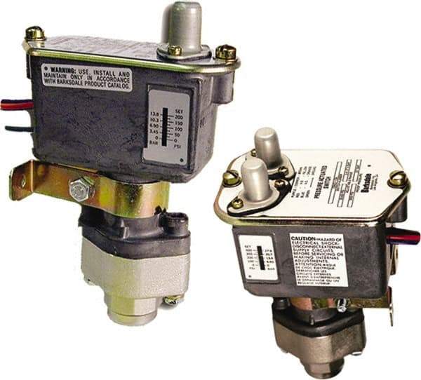 Barksdale - 250 to 3,000 psi Adjustable Range, 7,000 Max psi, Sealed Piston Pressure Switch - 1/4 NPT Female, 18in Free Leads, 2 x SPDT Contact, Nickel Plated Al Wetted Parts, 2% Repeatability - Americas Industrial Supply