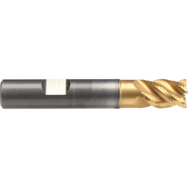 Emuge - 10mm Diam, 14mm LOC, 4 Flute Solid Carbide Roughing & Finishing End Mill - TiN/TiAlN Finish, 66mm OAL, 10mm Shank Diam, Weldon Shank, 45° Helix, Stub Length - Americas Industrial Supply