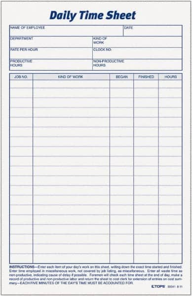 TOPS - 5-1/2" High x 8-1/2" Wide Daily Time & Job Sheets - Gray, White, Use with Manual Entries - Americas Industrial Supply