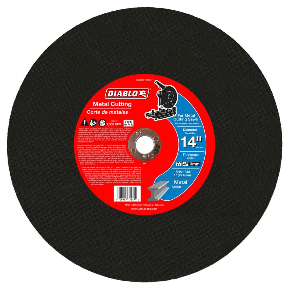 Cutoff Wheels; Wheel Type Number: Type 1; Wheel Diameter (Inch): 14; Wheel Thickness (Inch): 7/64; Hole Size: 1; Abrasive Material: Premium Aluminum Oxide Blend; Maximum Rpm: 4350.000; Hole Shape: Round; Wheel Color: Black