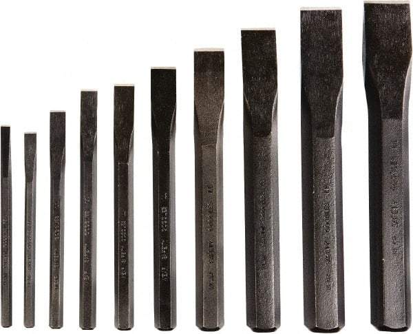 GearWrench - 10 Piece Cold Chisel Set - 5, 5-1/8, 6, 6-1/2, 7, 7-1/2 & 8" OAL, Alloy Steel, Sizes Included 1/4 to 1-1/8" - Americas Industrial Supply