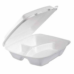 DART - Foam Hinged Lid Container, 3-Comp, 9 x 9 2/5 x 3, White, 100/Bag, 2 Bag/Carton - Americas Industrial Supply