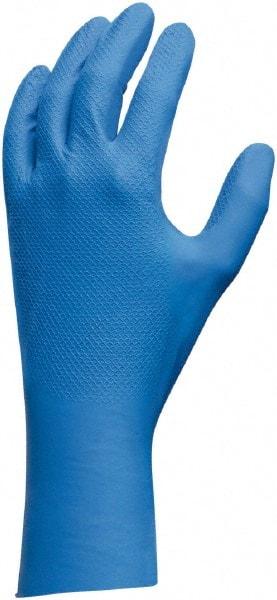 SHOWA - Size XL (10), 12" Long, 9 mil Thick, Nitrile Chemical Resistant Gloves - Textured Finish, Gauntlet Cuff, Blue, FDA Approved - Americas Industrial Supply