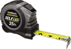 Komelon - 25' x 1-1/16" Yellow Steel Blade Tape Measure - 1/4, 1/8 & 1/16" Graduation, Blue/Gray ABS Plastic Case - Americas Industrial Supply