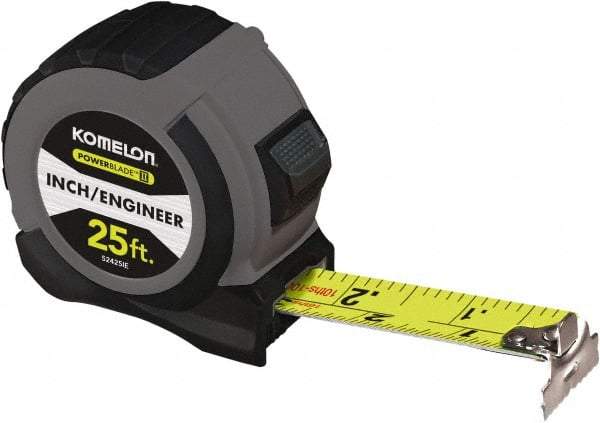 Komelon - 25' x 1-1/16" Yellow Steel Blade Tape Measure - 1/4, 1/8 & 1/16" Graduation, Blue/Gray ABS Plastic Case - Americas Industrial Supply