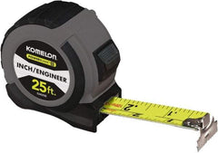 Komelon - 25' x 1-1/16" Yellow Steel Blade Tape Measure - 1/4, 1/8 & 1/16" Graduation, Blue/Gray ABS Plastic Case - Americas Industrial Supply