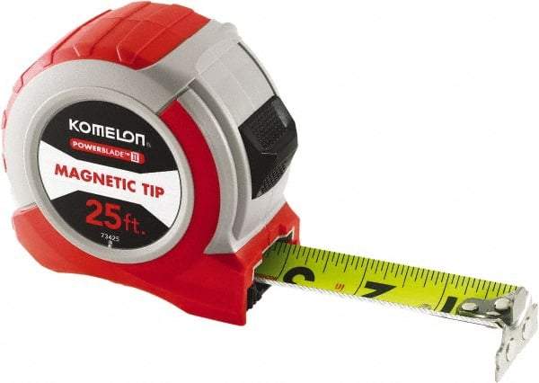 Komelon - 25' x 1-1/16" Yellow Steel Blade Tape Measure - 1/4, 1/8 & 1/16" Graduation, Red ABS Plastic Case - Americas Industrial Supply