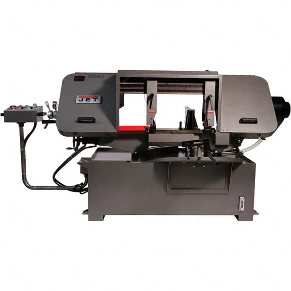 Jet - 19-1/4 x 4" Max Capacity, Semi-Automatic Variable Speed Pulley Horizontal Bandsaw - 90 to 370 SFPM Blade Speed, 230/460 Volts, 45 & 90°, 3 hp, 3 Phase - Americas Industrial Supply