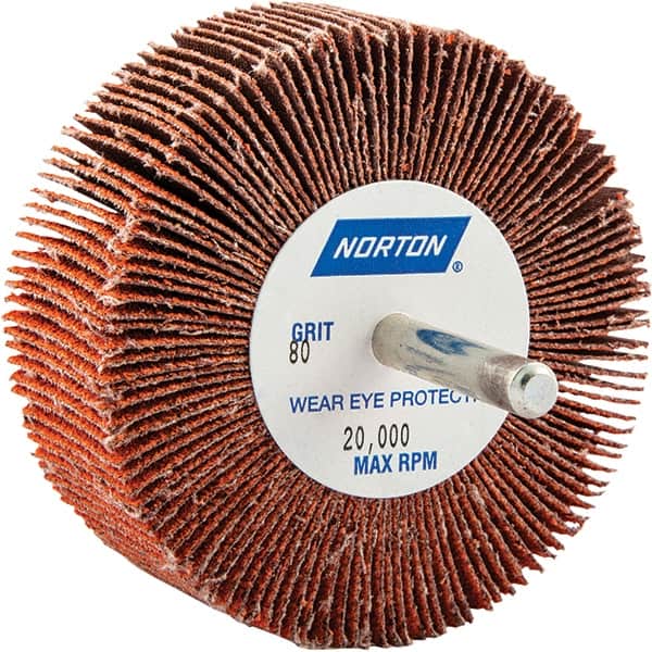 Norton - 3" Diam x 1" Face Width, Ceramic Alumina Coated Mounted Flap Wheel - 1/4" Shank Mount, 80 Grit, Cloth Backing, 20,000 Max RPM - Americas Industrial Supply