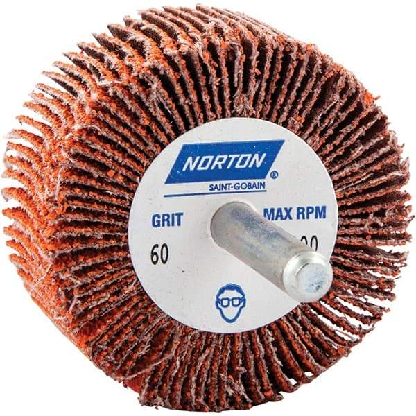 Norton - 2" Diam x 1" Face Width, Ceramic Alumina Coated Mounted Flap Wheel - 1/4" Shank Mount, 60 Grit, Cloth Backing, 25,000 Max RPM - Americas Industrial Supply