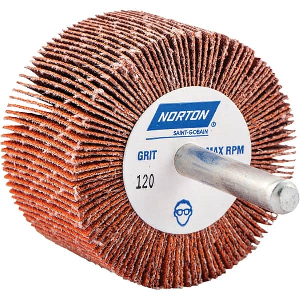 Norton - 2" Diam x 1" Face Width, Ceramic Alumina Coated Mounted Flap Wheel - 1/4" Shank Mount, 120 Grit, Cloth Backing, 25,000 Max RPM - Americas Industrial Supply