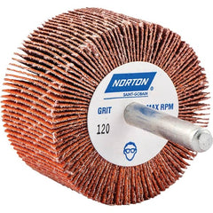 Norton - 2" Diam x 1" Face Width, Ceramic Alumina Coated Mounted Flap Wheel - 1/4" Shank Mount, 120 Grit, Cloth Backing, 25,000 Max RPM - Americas Industrial Supply