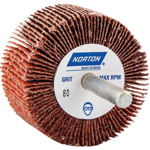 Norton - 2" Diam x 1" Face Width, Ceramic Alumina Coated Mounted Flap Wheel - 1/4" Shank Mount, 80 Grit, Cloth Backing, 25,000 Max RPM - Americas Industrial Supply