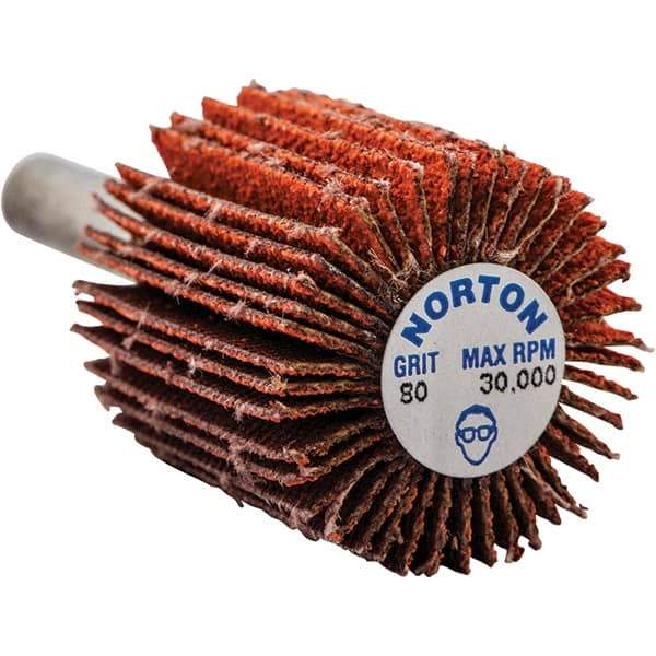 Norton - 1" Diam x 1" Face Width, Ceramic Alumina Coated Mounted Flap Wheel - 1/4" Shank Mount, 80 Grit, Cloth Backing, 30,000 Max RPM - Americas Industrial Supply