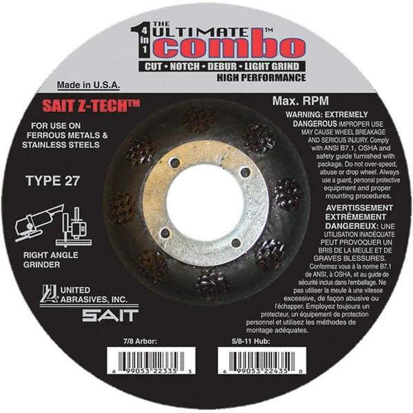 Sait - 6" Wheel Diam, 7/8" Arbor Hole, Type 27 Depressed Center Wheel - Coarse Grade, Zirconia Alumina, 10,200 Max RPM - Americas Industrial Supply