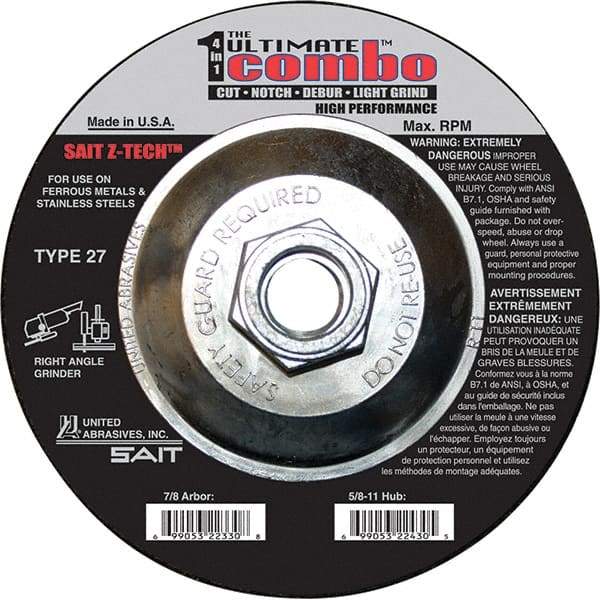 Sait - 6" Wheel Diam, Type 27 Depressed Center Wheel - Coarse Grade, Zirconia Alumina, 10,200 Max RPM - Americas Industrial Supply
