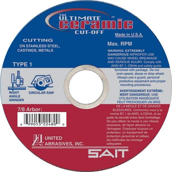 Sait - 4-1/2" 60 Grit Ceramic Cutoff Wheel - 0.045" Thick, 7/8" Arbor, 13,300 Max RPM, Use with Angle Grinders - Americas Industrial Supply