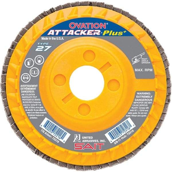 Sait - 40 Grit, 4-1/2" Disc Diam, 7/8" Center Hole, Type 27 Zirconia Alumina Flap Disc - 13,300 Max RPM, Plastic Backing, Arbor Attaching System, Coated - Americas Industrial Supply