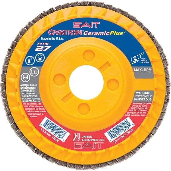Sait - 80 Grit, 4-1/2" Disc Diam, 7/8" Center Hole, Type 27 Ceramic Flap Disc - 13,300 Max RPM, Plastic Backing, Arbor Attaching System, Coated - Americas Industrial Supply