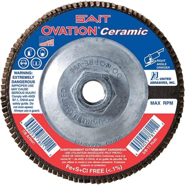 Sait - 80 Grit, 4-1/2" Disc Diam, 5/8-11 Center Hole, Type 27 Ceramic Flap Disc - 13,300 Max RPM, Plastic Backing, Arbor Attaching System, Coated - Americas Industrial Supply